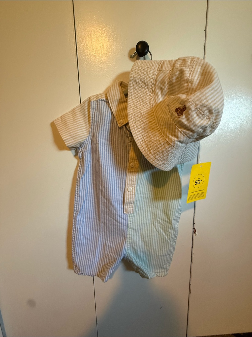 GAP Neutral Striped Baby Romper with Matching Cream Bucket Hat